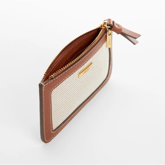 NWOT Mango Combined Mini Wallet Textured Fabric Faux Brown Leather and Zipper - Picture 3 of 9
